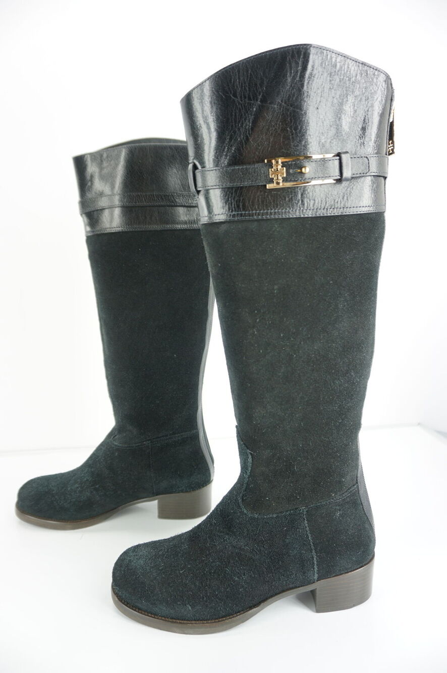 Tory Burch Black Suede Jenna Logo Tall Knee Riding Boots New
